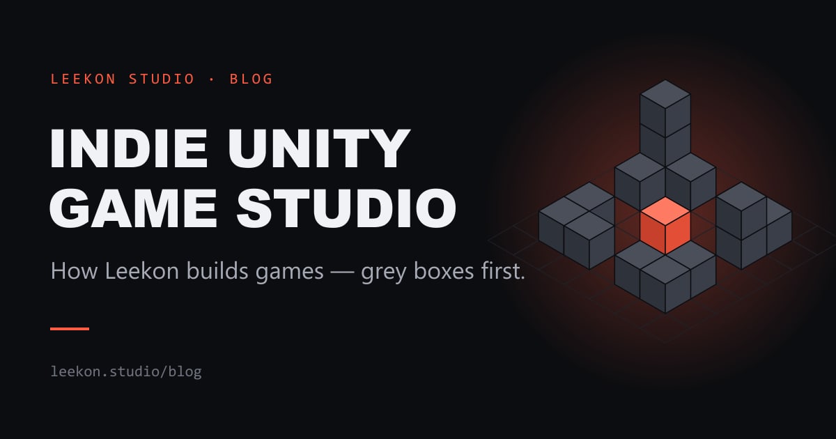 Grey-box prototype cubes with one glowing coral cube — how Leekon, an indie Unity game studio, finds the fun first