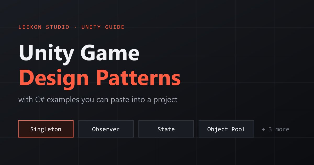 Unity game design patterns guide cover listing Singleton, Observer, State and Object Pool